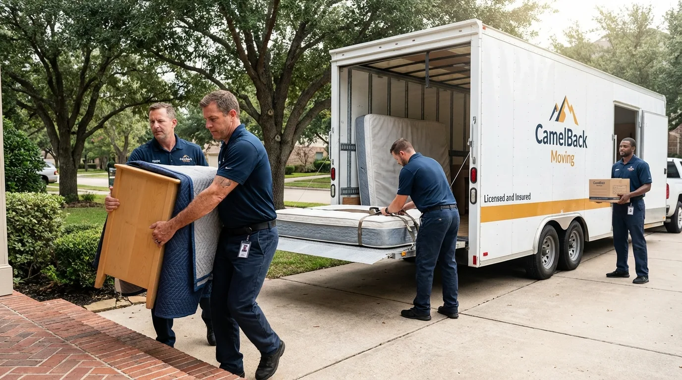 Crew loading residential truck for cross-state move from Yelm, WA