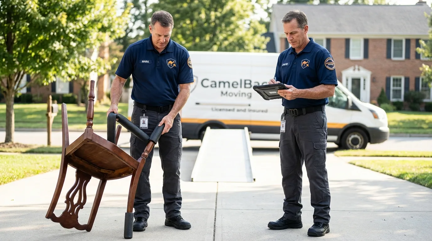 Movers inspecting furniture for damage prevention before loading in Yelm, WA
